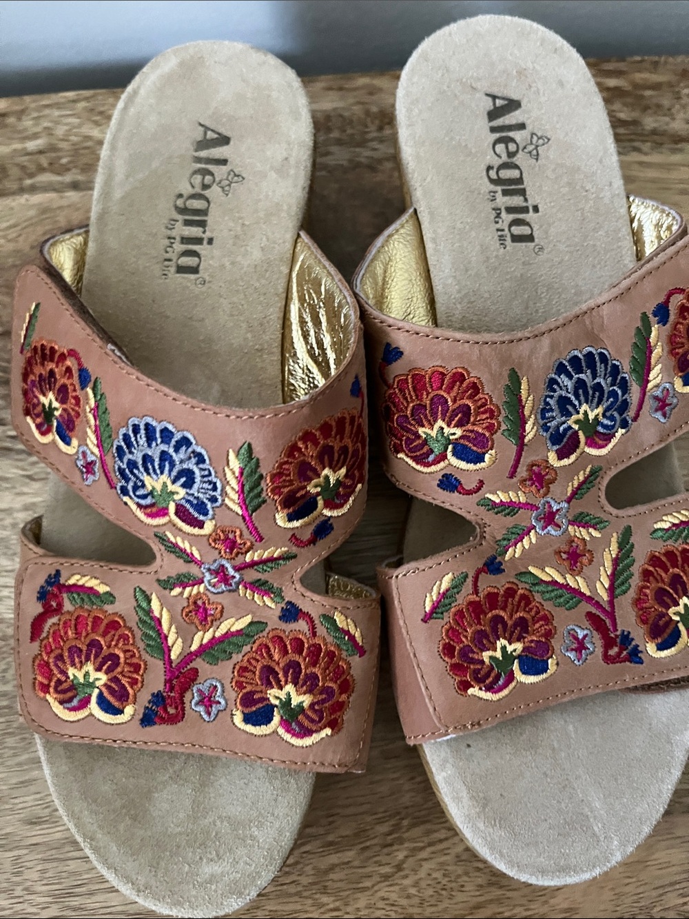 Alegria Embroidered Peach Slide Sandals with Multicolor Floral Accents - Picture 4 of 5